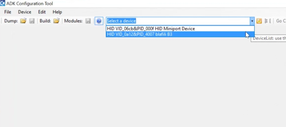 device list with blafili B3 selected