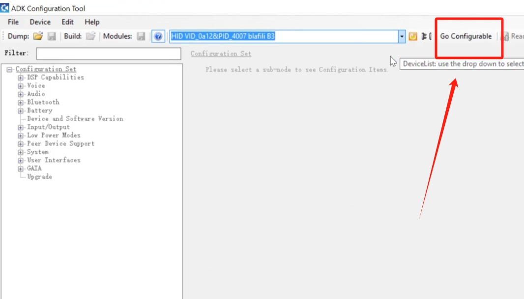 Go Configurable & Read Device button in the ADK tool
