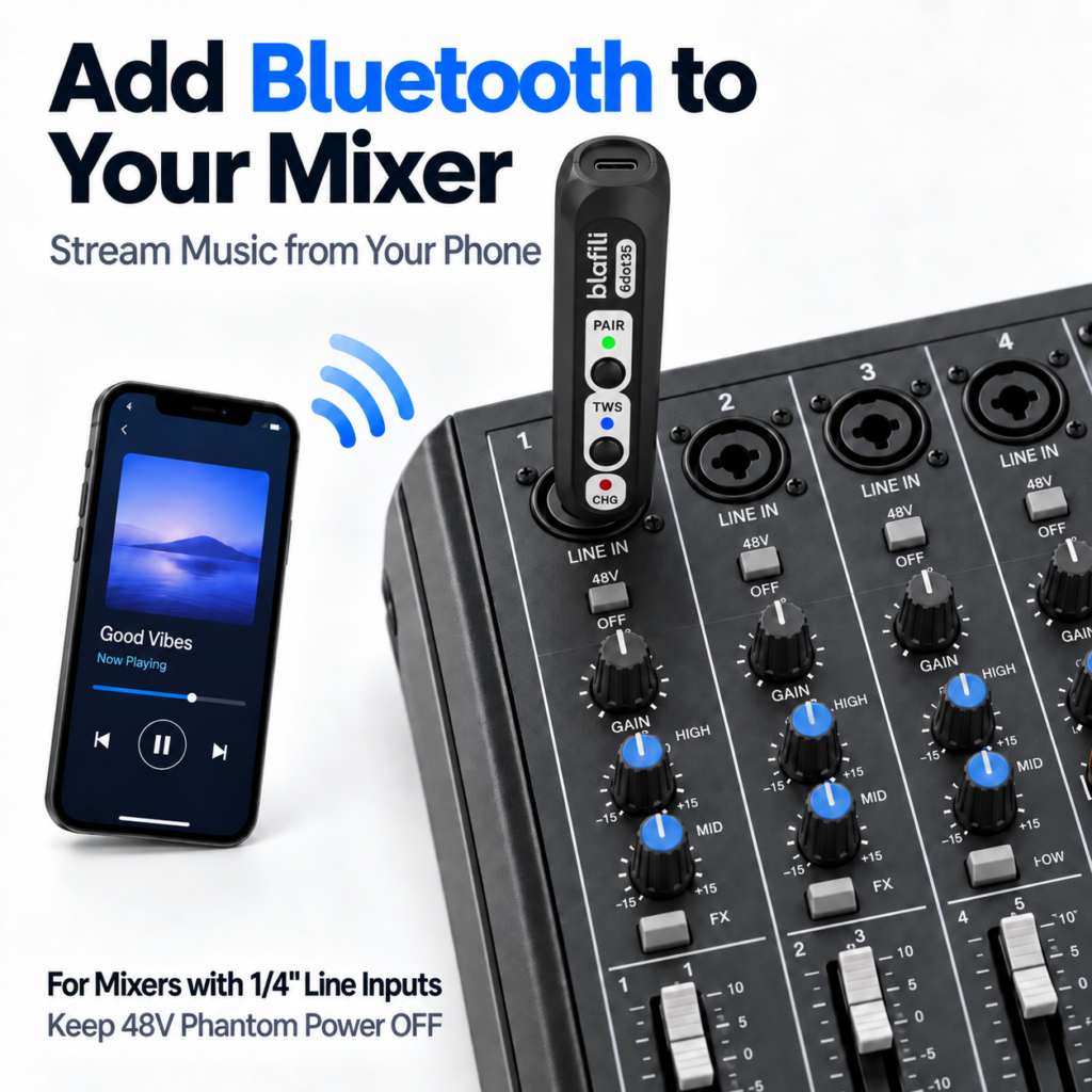 blafili 6dot35 1/4 inch TRS Bluetooth Music Receiver pairing with laptop, tablet, smartphone for mixer and active loudspeaker