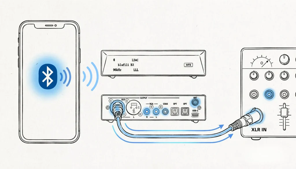Diagram showing Bluetooth audio signal flow from phone to mixer with XLR output.