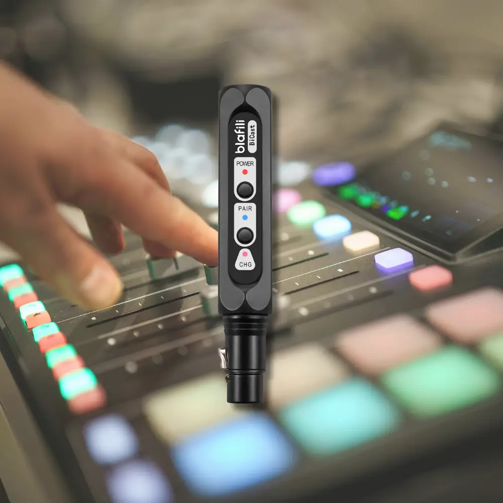Wireless XLR Transmitter and Receiver System on Studio Desk