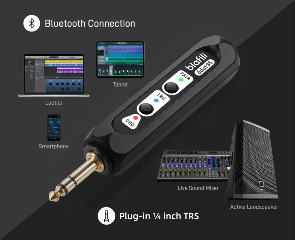 blafili 6dot35 1/4 inch TRS Bluetooth Music Receiver pairing with laptop, tablet, smartphone, mixer and active loudspeaker