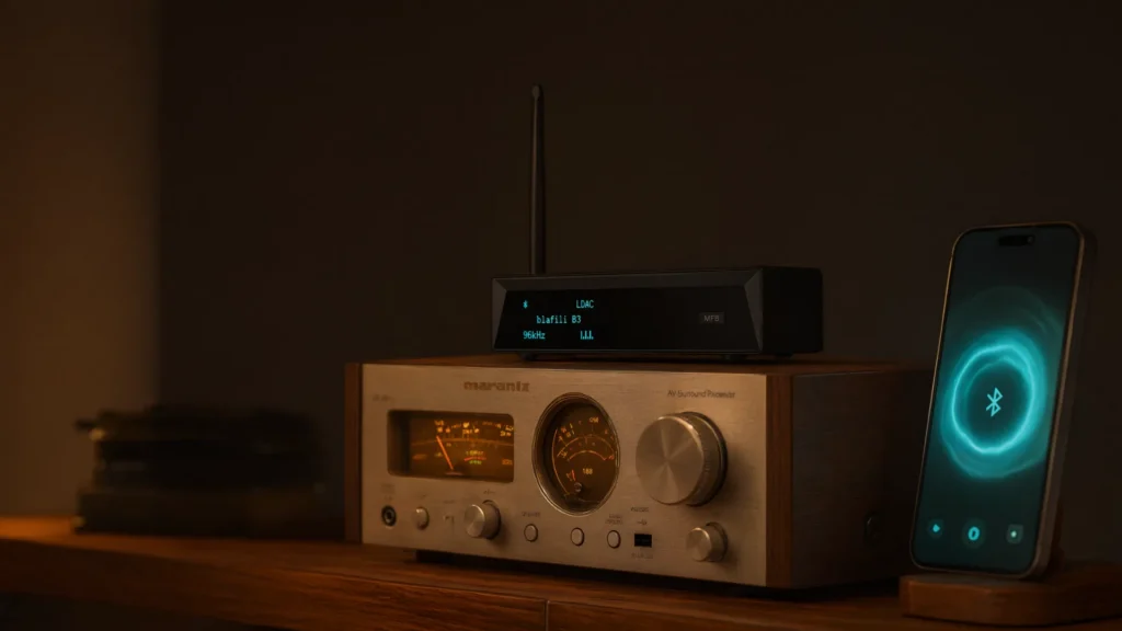 Vintage stereo receiver with backlit dial and a smartphone connecting over Bluetooth