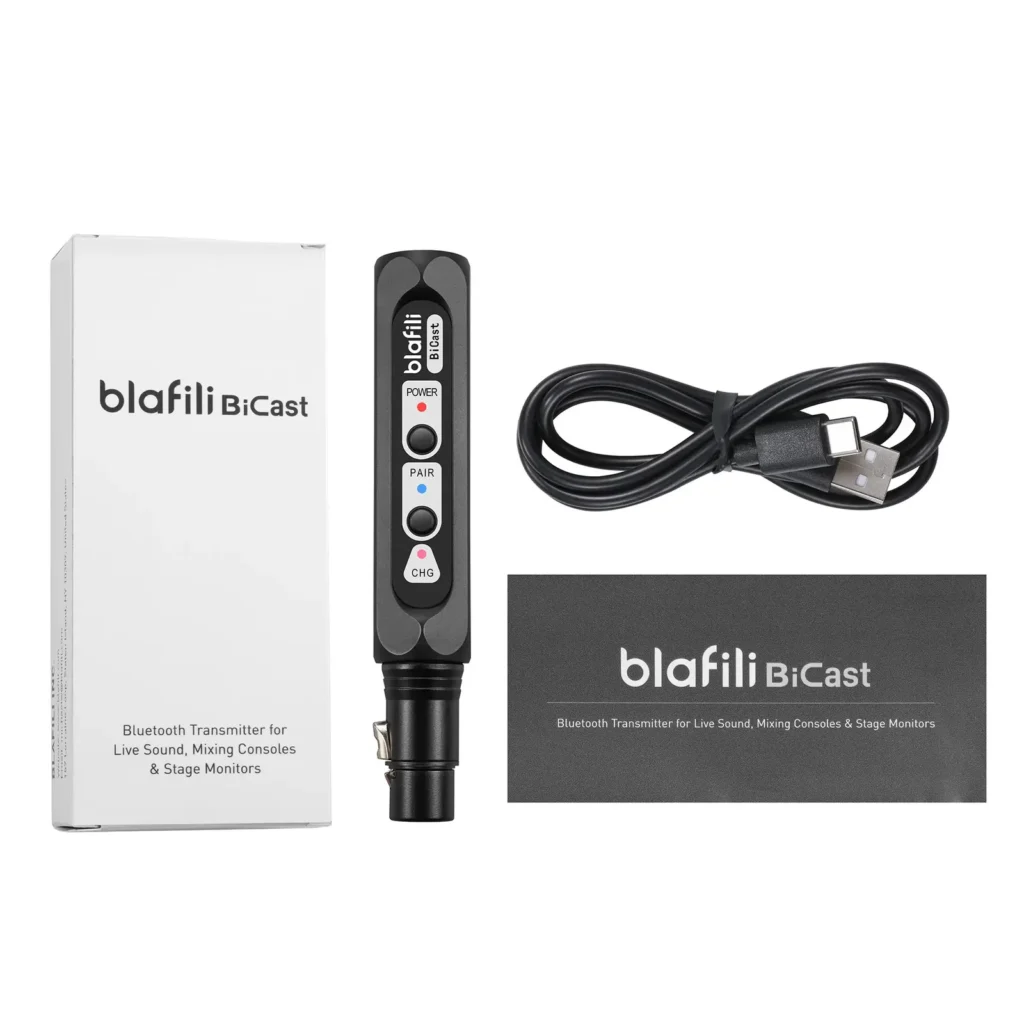 blafili Bicast XLR Bluetooth Audio Transmitter with retail box, USB-C charging cable and quick-start card