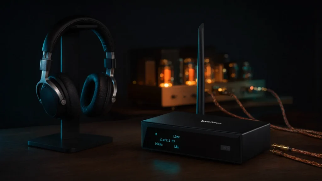 Bluetooth DAC receiver on an audiophile desk with headphones and a glowing tube amplifier