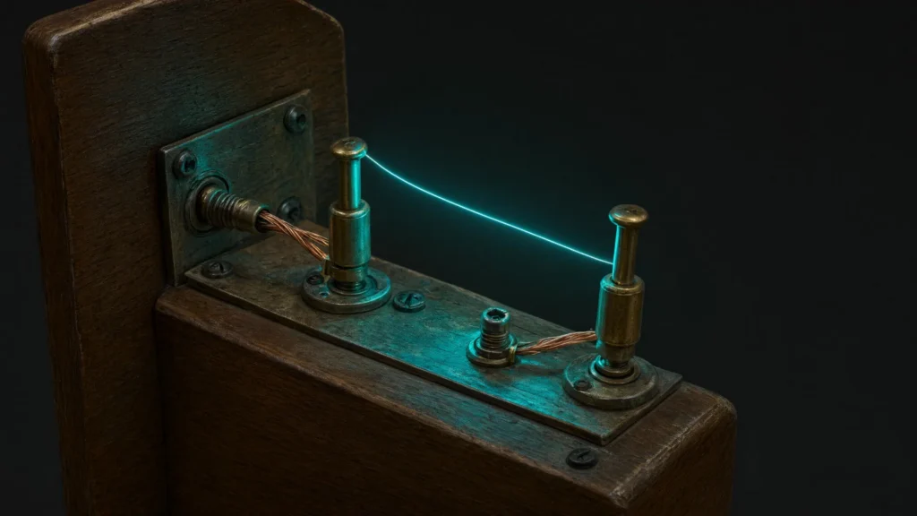 Vintage speaker terminals with banana plugs on a wooden cabinet