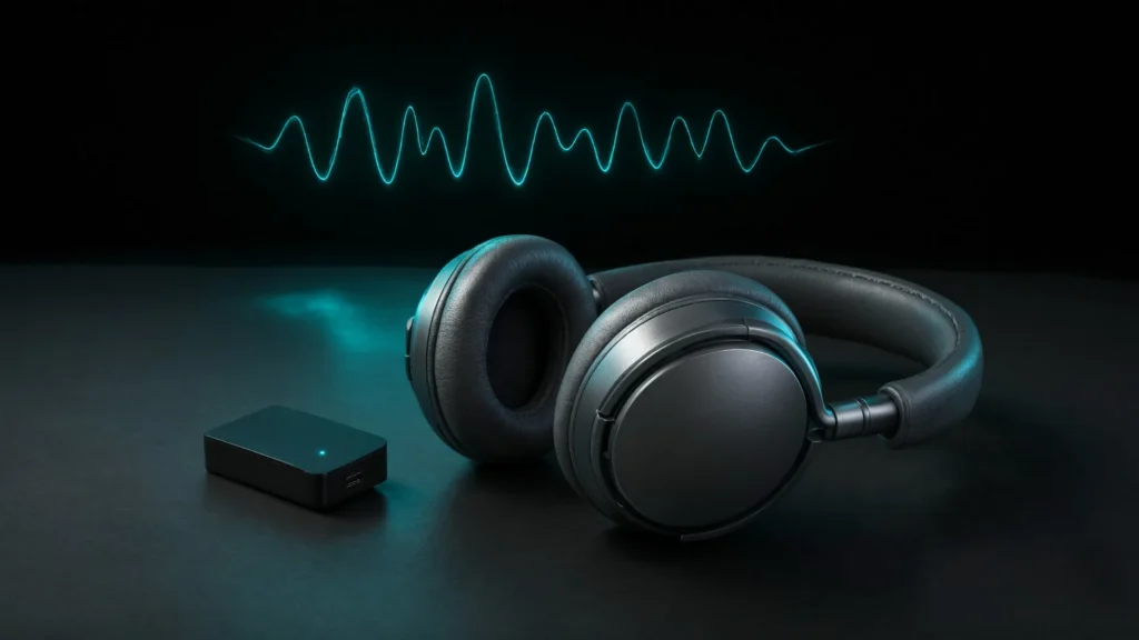 Over-ear headphones with a portable Bluetooth receiver and a hi-res waveform