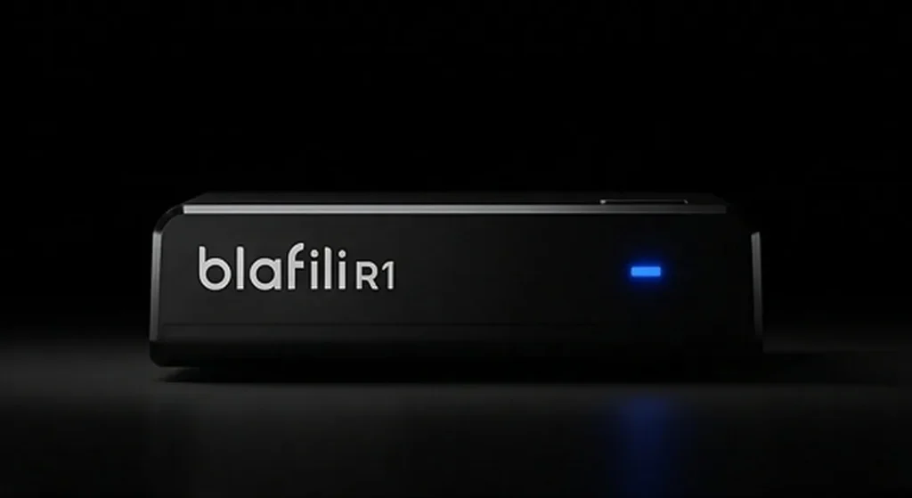 blafili R1 Bluetooth Receiver with status LED lit on a dark background