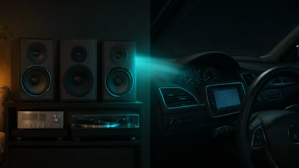 Home stereo shelf and car dashboard linked by a glowing stream representing Bluetooth