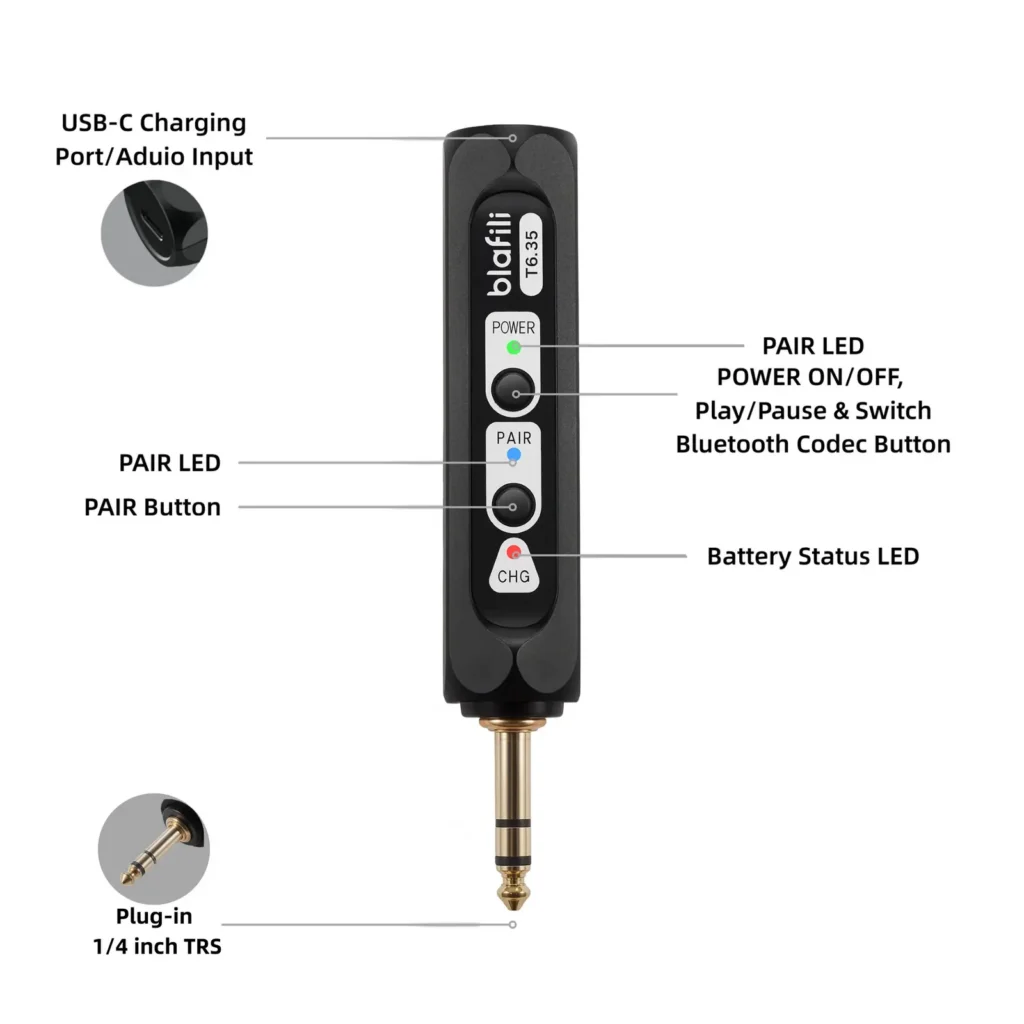 blafili T6.35 Bluetooth Transmitter port, button and LED guide
