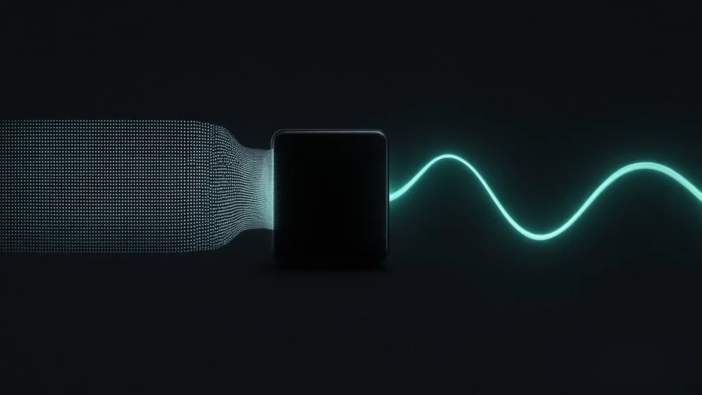 Digital square wave of dots converting into a smooth analog sine wave at a DAC