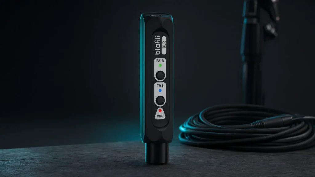 Bluetooth XLR receiver on a studio desk with a coiled XLR cable